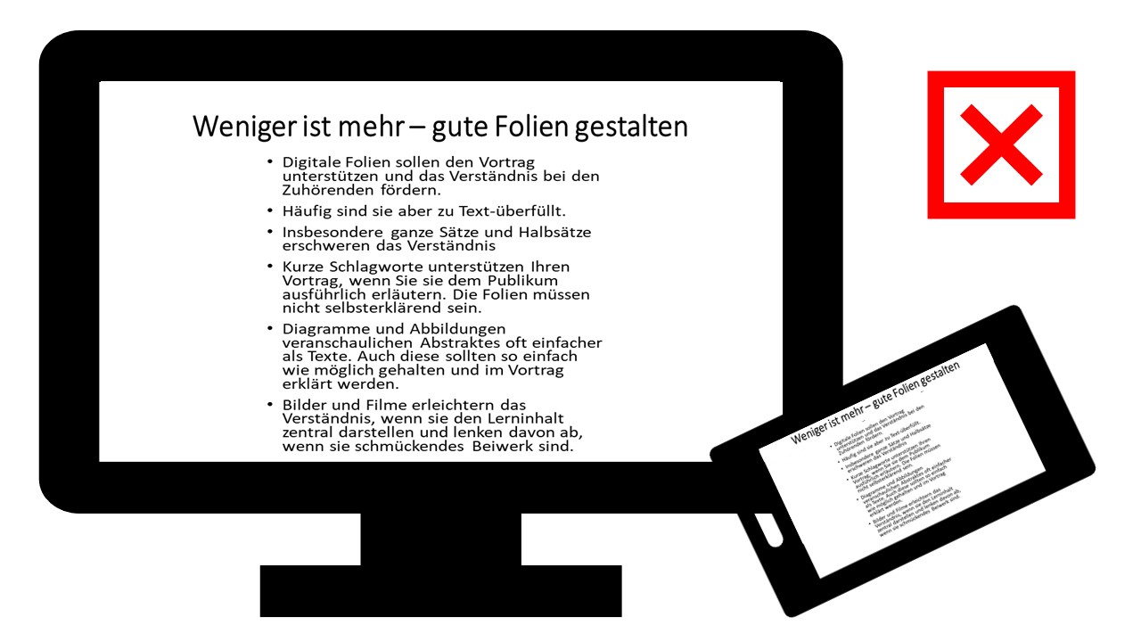 Grafik einer digitalen Folie auf einem Computermonitor, in der Titelzeile der Folie steht "WEniger ist mehr - gute Folien gestalten", darunter befindet sich in Bulletpoint ausgeschrieberner Text, sodass die Folie voll geschrieben ist