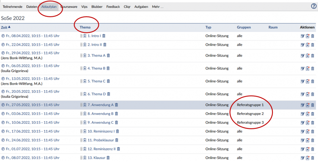 Screenshot eines um "Themen" und "Gruppen" ergänzten Stud.IP-Ablaufplans