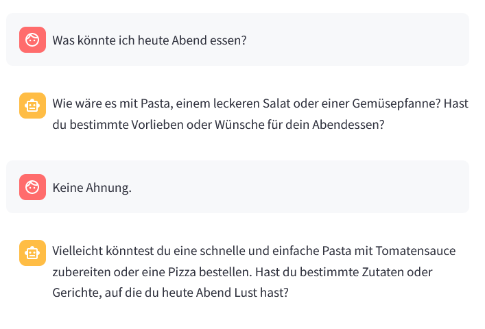 Screenshot einer Konversation mit dem Chat-Assistenten in kiwi über Abendessen